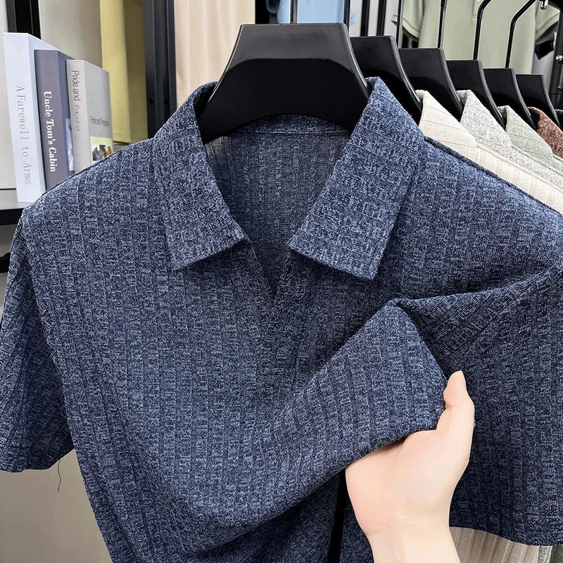 Men's Summer Knit Polo T Shirt Short Sleeve Ribbed Striped Design Soft Fabric Casual Business Comfortable Top