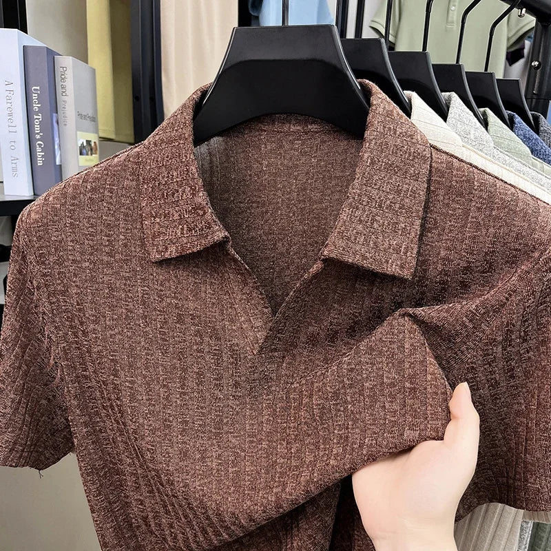 Men's Summer Knit Polo T Shirt Short Sleeve Ribbed Striped Design Soft Fabric Casual Business Comfortable Top