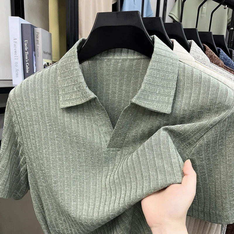 Men's Summer Knit Polo T Shirt Short Sleeve Ribbed Striped Design Soft Fabric Casual Business Comfortable Top
