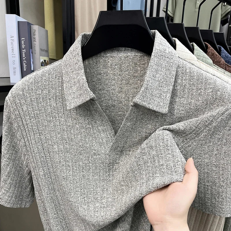 Men's Summer Knit Polo T Shirt Short Sleeve Ribbed Striped Design Soft Fabric Casual Business Comfortable Top