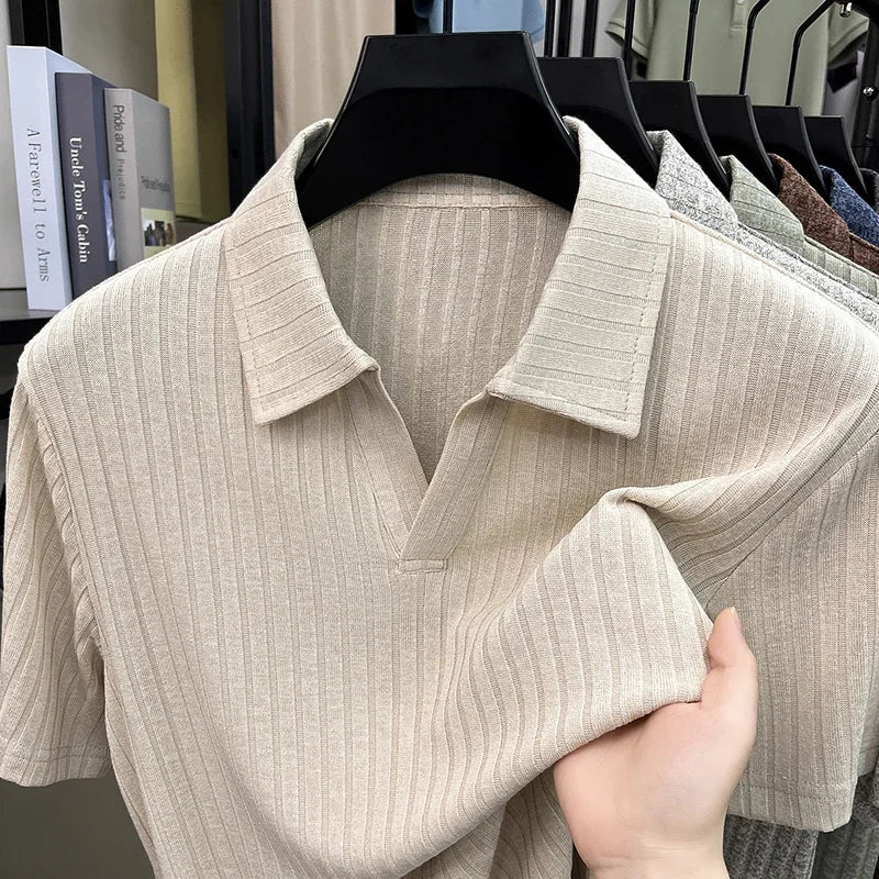 Men's Summer Knit Polo T Shirt Short Sleeve Ribbed Striped Design Soft Fabric Casual Business Comfortable Top