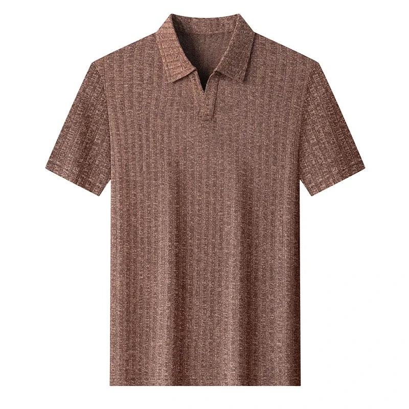Men's Summer Knit Polo T Shirt Short Sleeve Ribbed Striped Design Soft Fabric Casual Business Comfortable Top