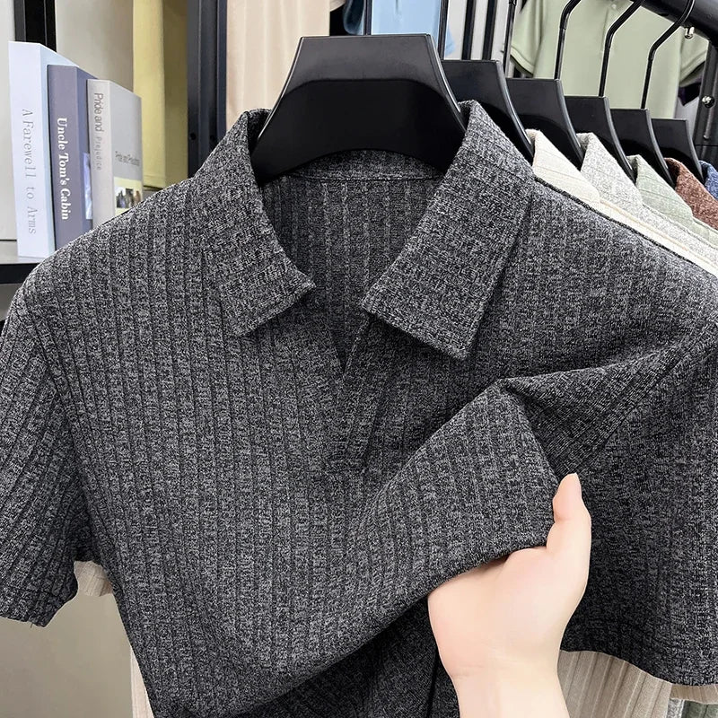 Men's Summer Knit Polo T Shirt Short Sleeve Ribbed Striped Design Soft Fabric Casual Business Comfortable Top