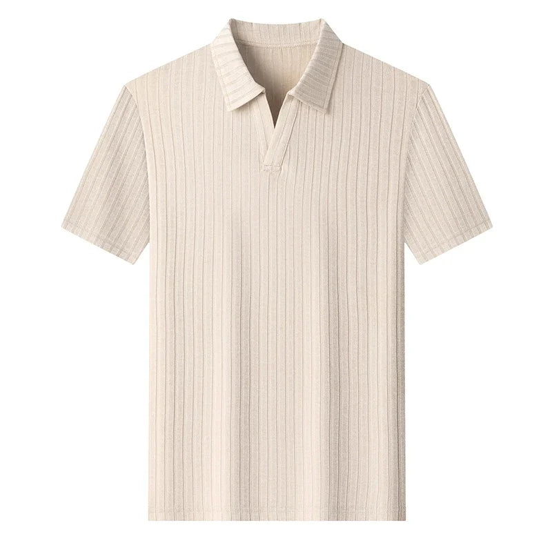 Men's Summer Knit Polo T Shirt Short Sleeve Ribbed Striped Design Soft Fabric Casual Business Comfortable Top